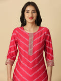 HERE&NOW Red & White Bandhani Printed Thread Work Kurta