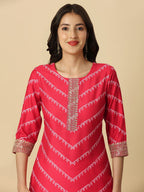 HERE&NOW Red & White Bandhani Printed Thread Work Kurta