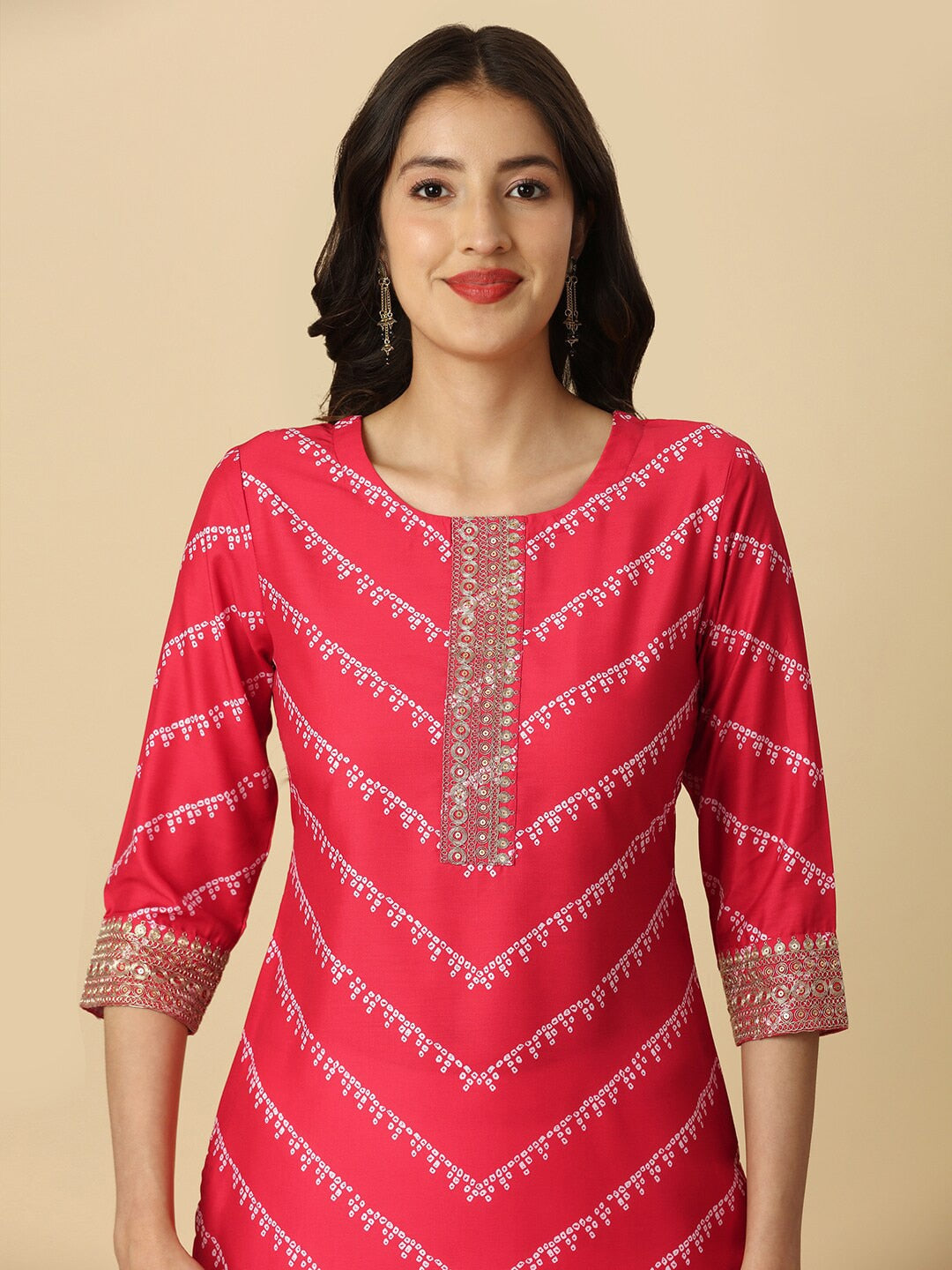 HERE&NOW Red & White Bandhani Printed Thread Work Kurta