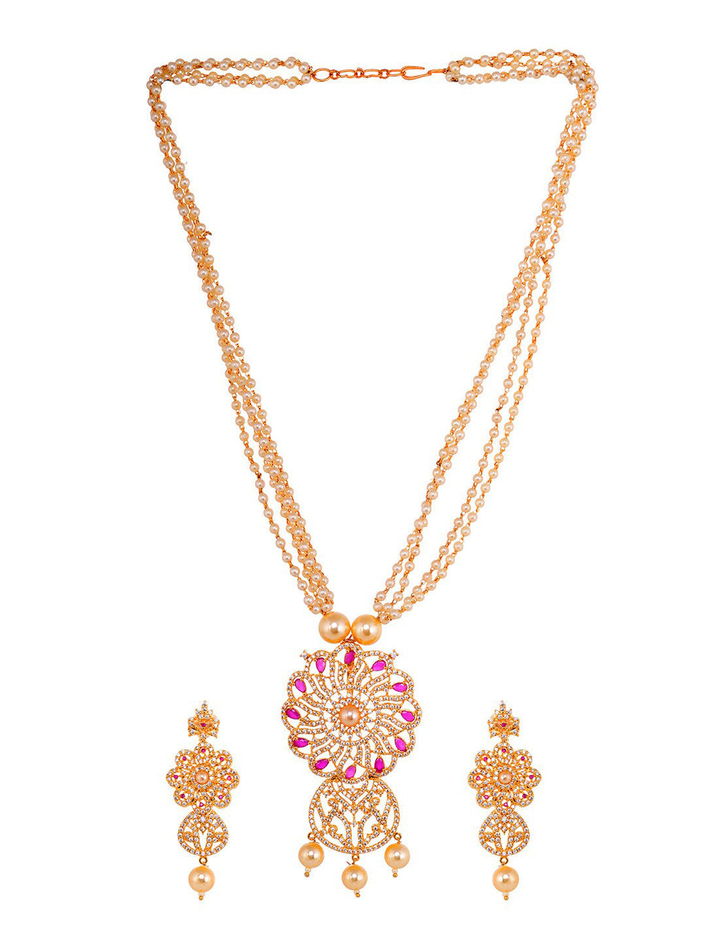 Saraf RS Jewellery Gold-Plated White & Pink American Diamond Studded & Beaded Handcrafted Set - Distacart