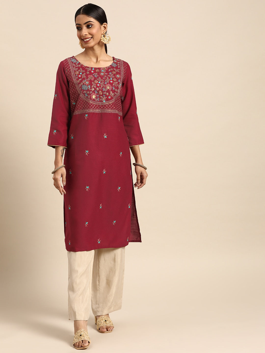 Sangria Women Red Yoke Design Sequined Kurta