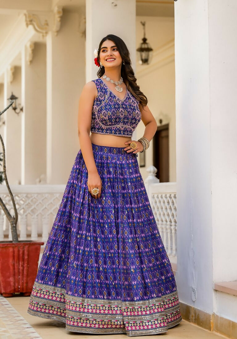 Wedding Partywear Royal Blue Slim Georgette Lehengha Choli With Dupata - Agnidhara
