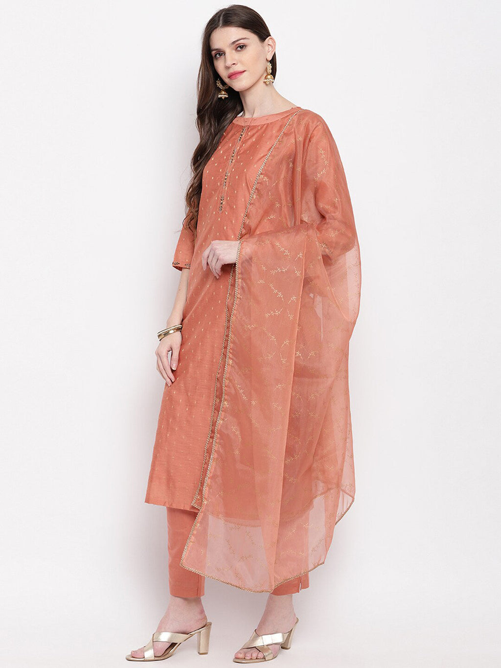 Janasya Peach-Coloured Self Design Kurta with Trousers & Dupatta - Distacart