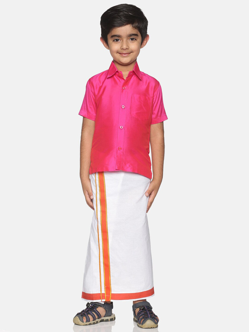 Sethukrishna Pink & White Solid Shirt with Veshti Set For Boys