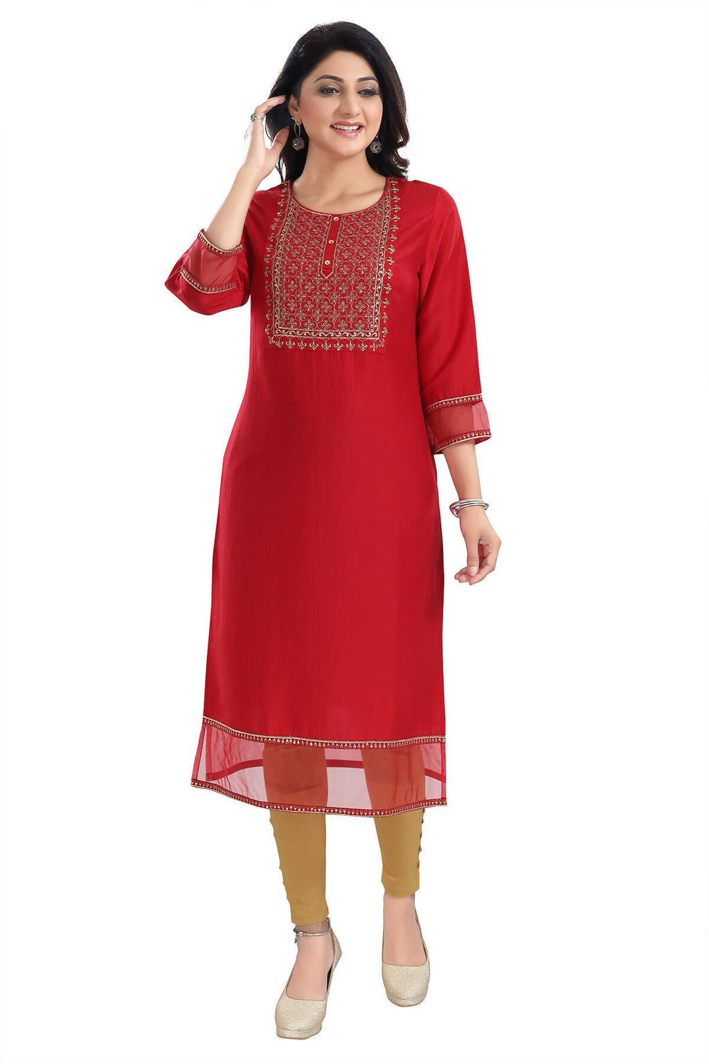 Snehal Creations Mighty Red Art Silk Designer Long Kurti Tunic With Zari Embroidery - Distacart