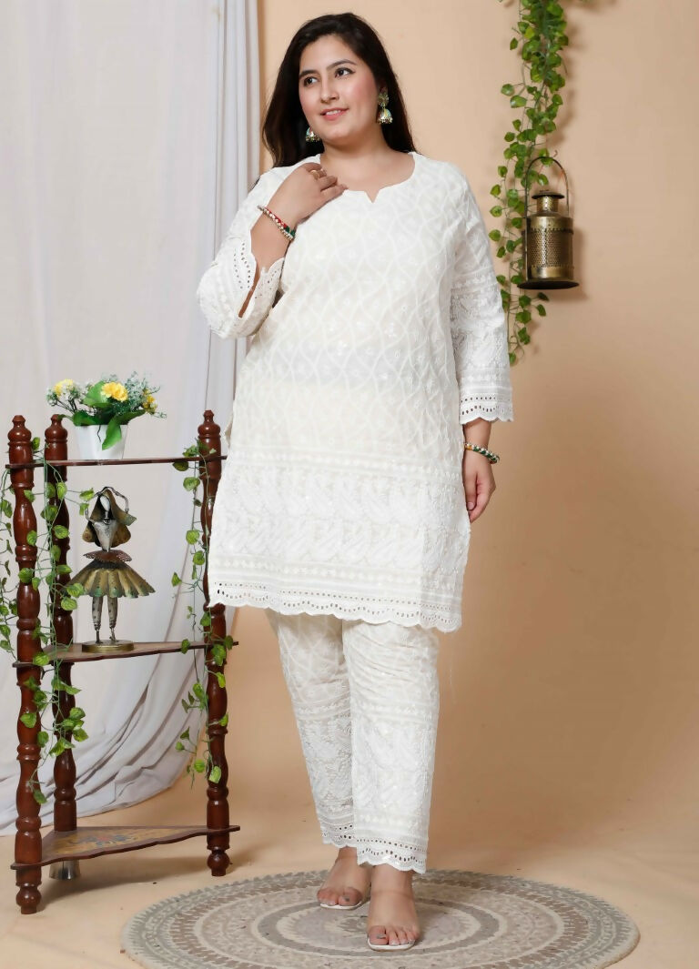 Miravan Women's Plus Size Beige Chikankari Thread Work Kurti With Palazzo