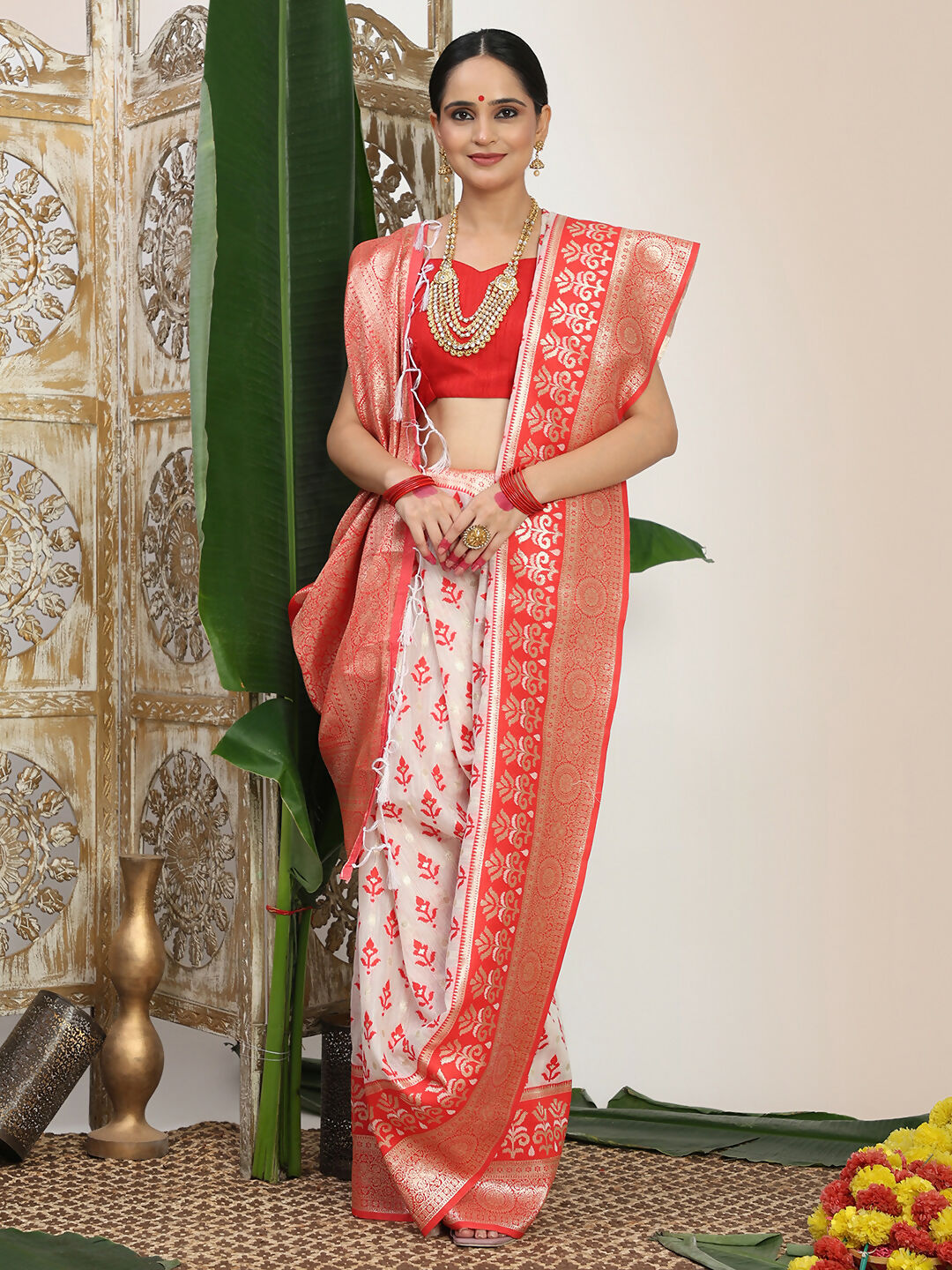 Shree Shyam Fashion Linen Cotton Red & White Saree - Distacart