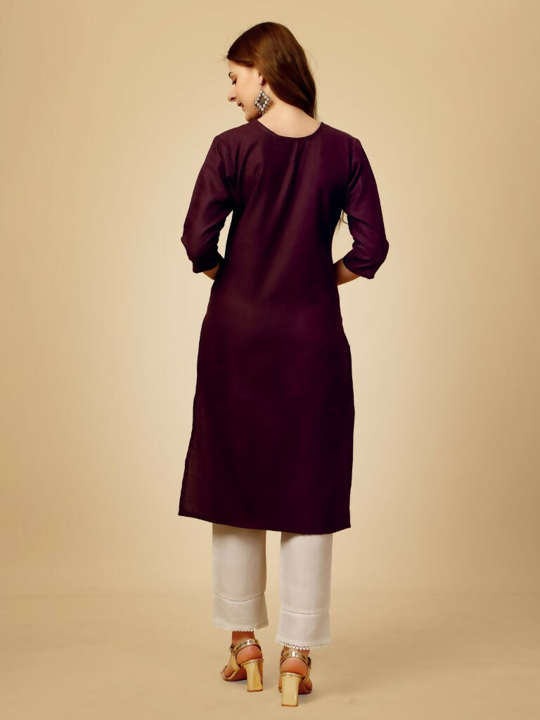 Jyoti Fashion Women's Wine Cotton Blend Embroidered Kurta Pant Set