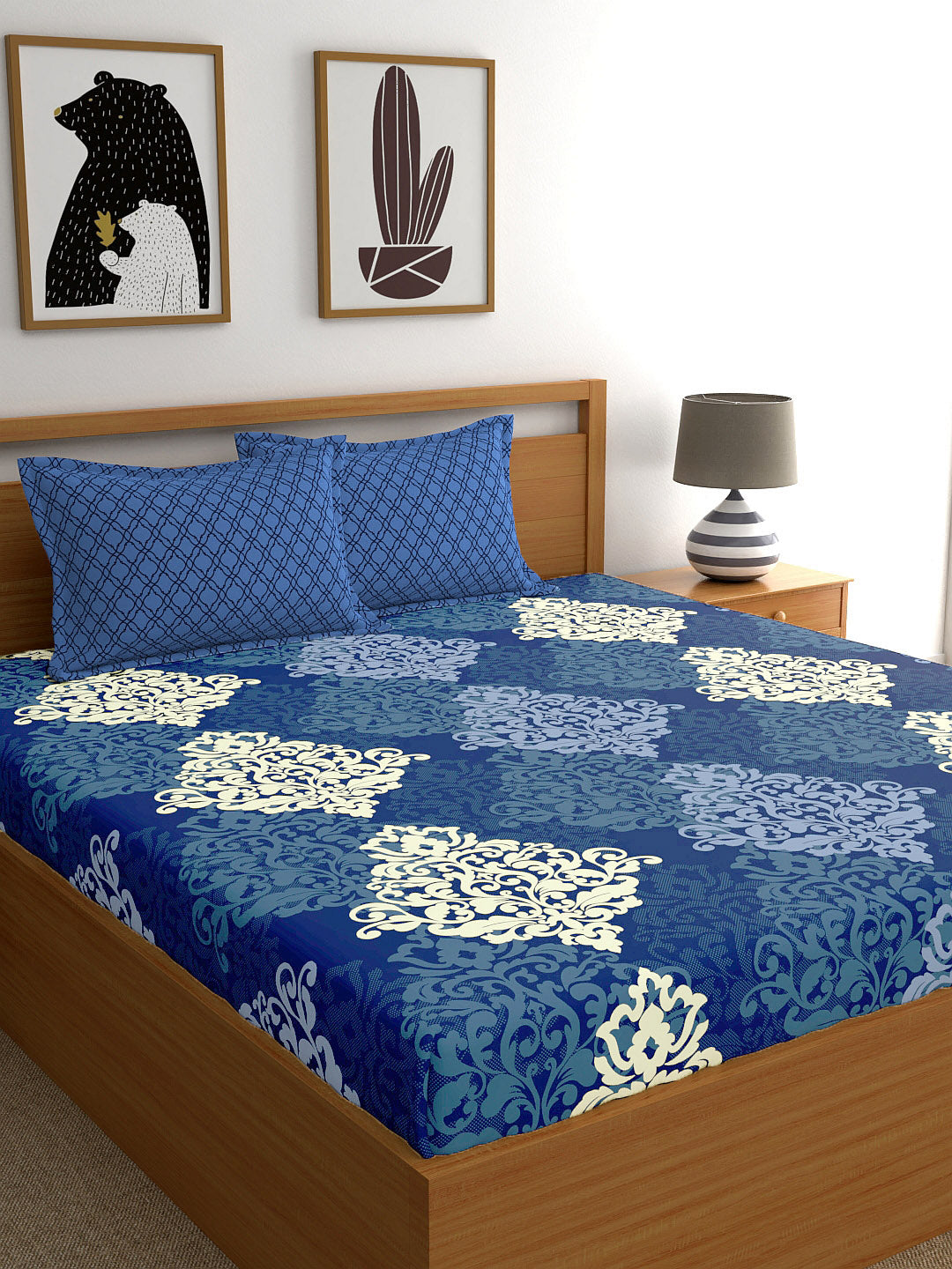 My Room Navy Blue & Yellow Ethnic Motifs 140 TC King Bedsheet with 2 Pillow Covers