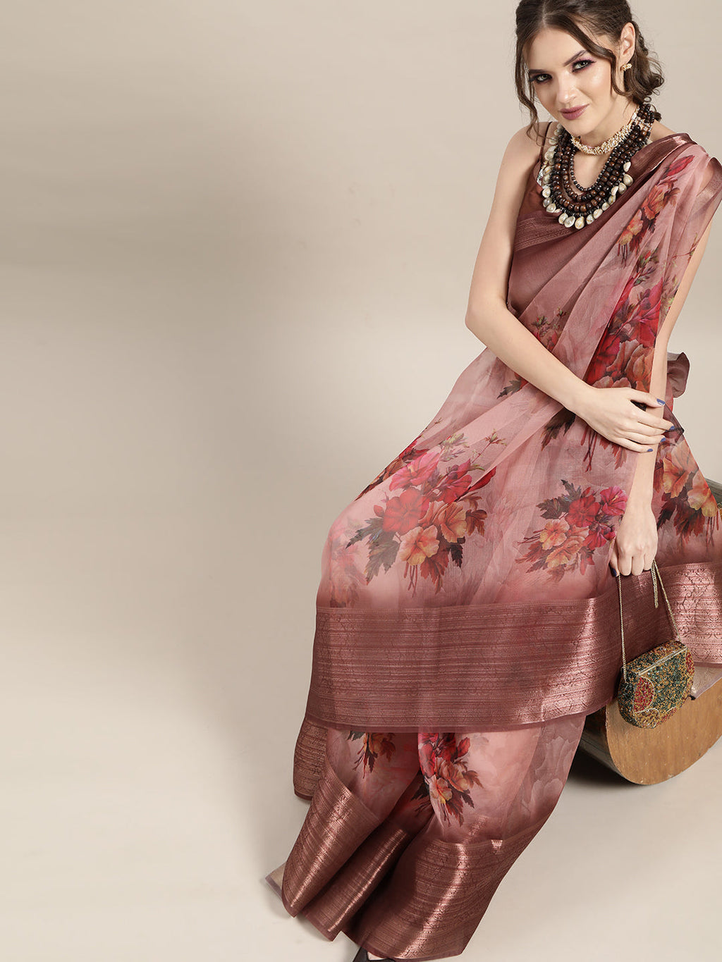 Saree Mall Mauve & Red Organza Block Print Saree - Distacart