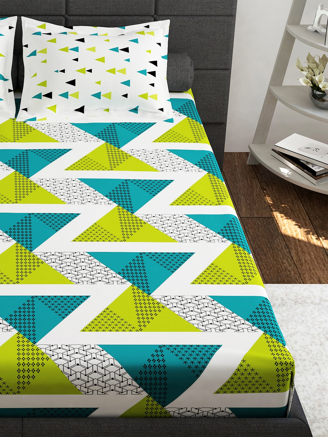 Story@home Ventura Green Geometric 152 TC Cotton Queen Bedsheet With 2 Pillow Covers - Distacart