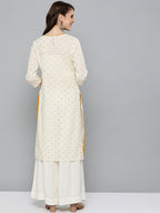 HERE&NOW Women Off-White & Mustard Yellow Geometric Printed Straight Kurta