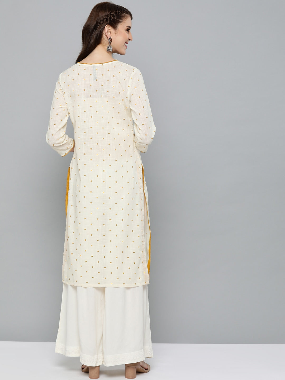 HERE&NOW Women Off-White & Mustard Yellow Geometric Printed Straight Kurta