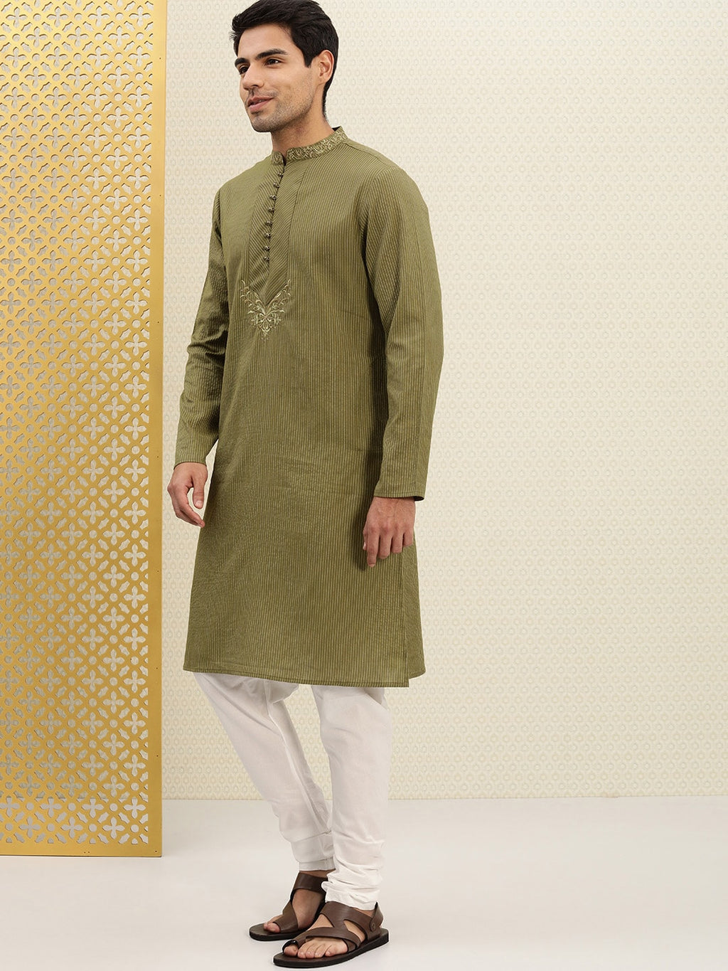 House of Pataudi Men Olive Green Striped Straight Kurta with Embroidered Detail
