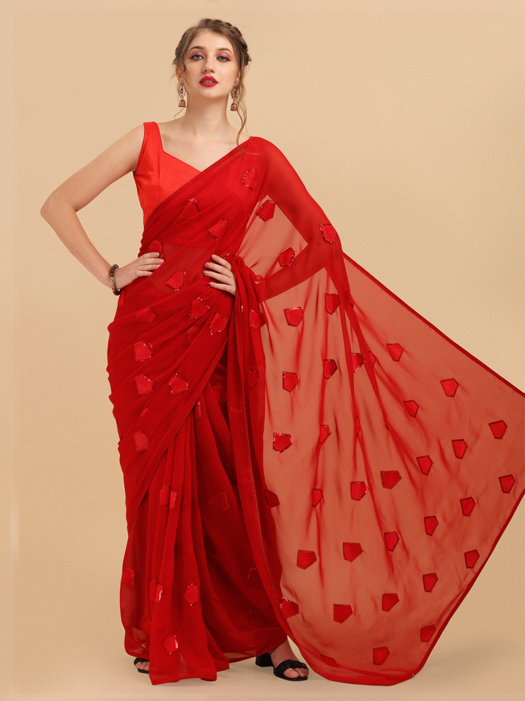 Sangria Red Sequinned Pure Georgette Saree - Distacart