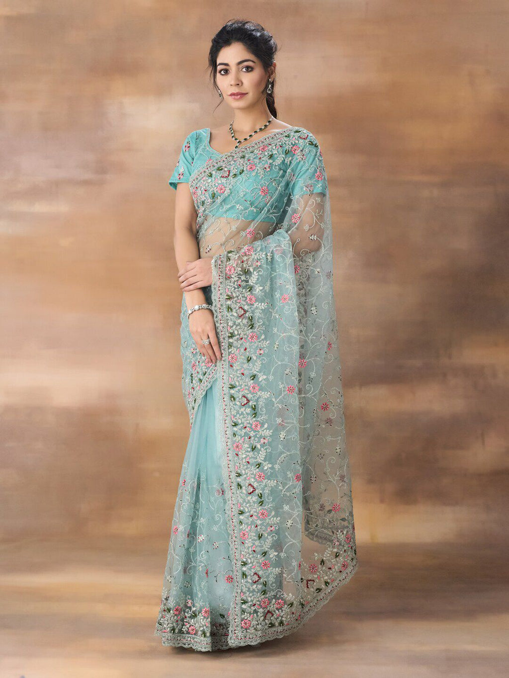 kasee Floral Embroidered Net Saree - Distacart