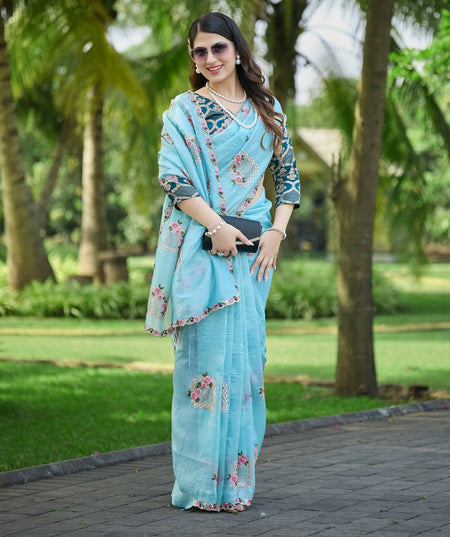 Teeya Creation Sky Color Pure Paper Silk Heavy Embroidery Work Wedding Wear Saree