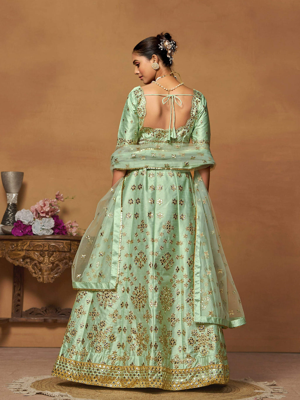 Pista Green Mulberry Silk Foil Paper Mirror Work Lehenga Choli - Jihu Culture