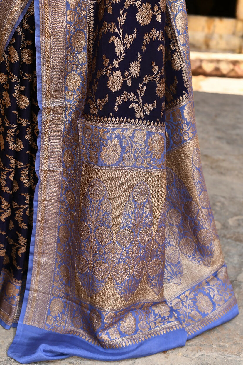 Joban Fashion Navy Blue Crepe Chiffon Pure Handloom Banarasi Silk Saree