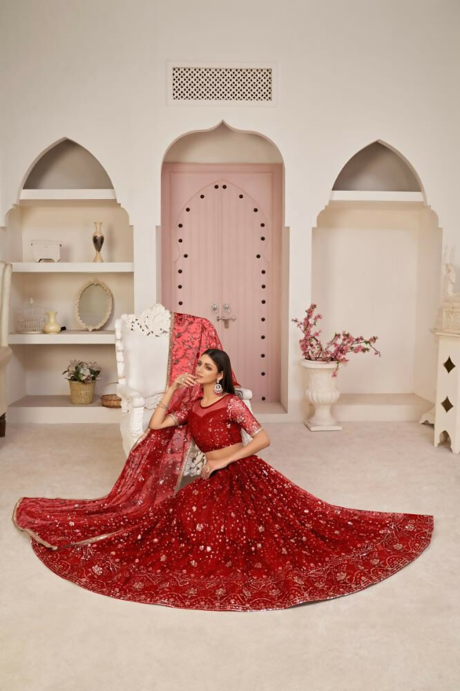 Aastha Fashion Red Butterfly Net All Over Thread Work, Zari Work And Sandwich Sequence Work Embroidery Wedding Wear Lehenga Choli