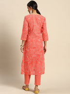 Sangria Women Peach-Coloured Ethnic Printed Mirror Work Pure Cotton Kurta with Trousers