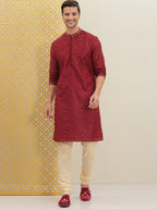 House of Pataudi Men Red Embroidered Jashn Straight Kurta