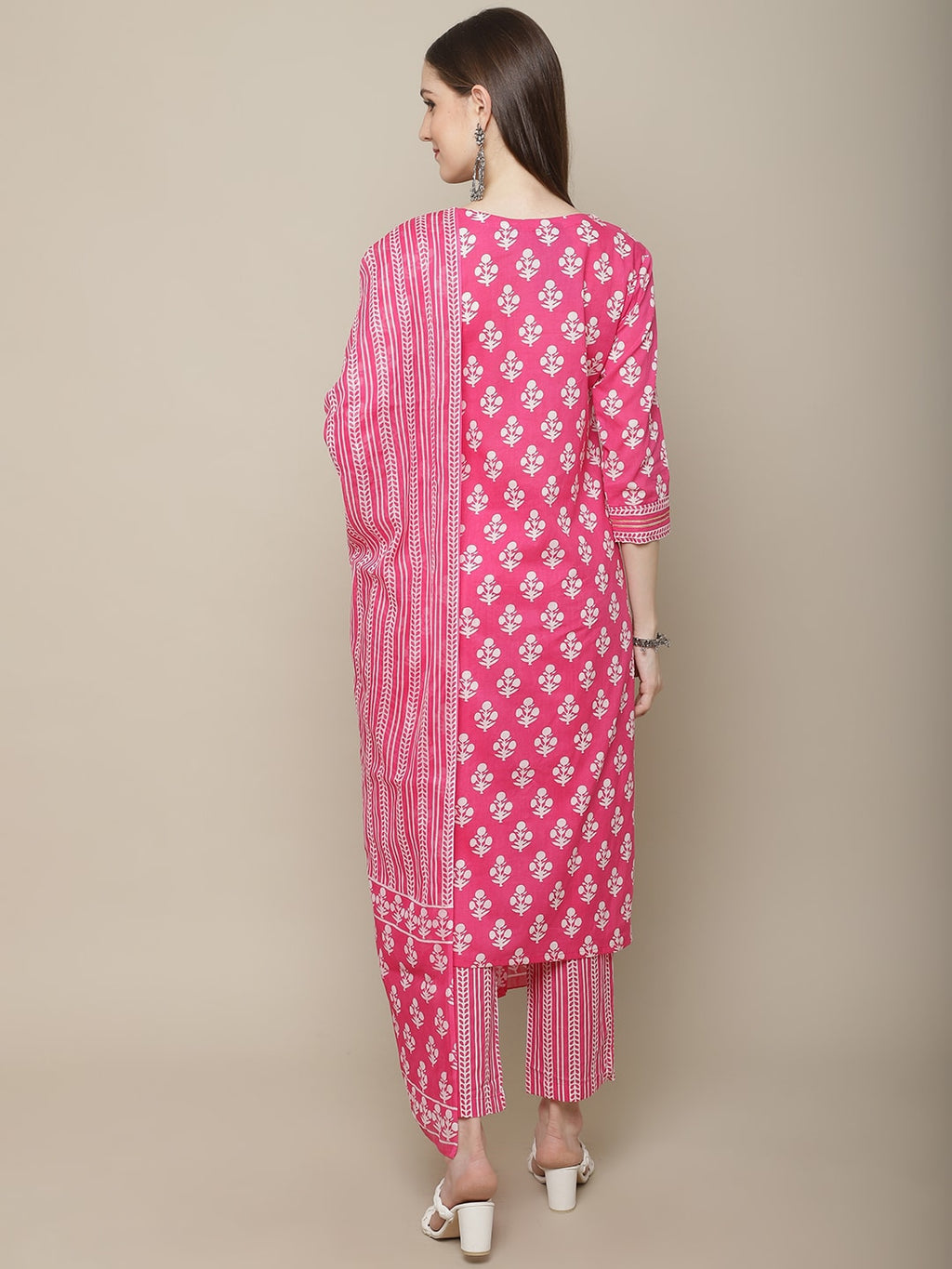 Sangria Women Floral Printed Mirror Work Pure Cotton Kurti with Trousers & Dupatta