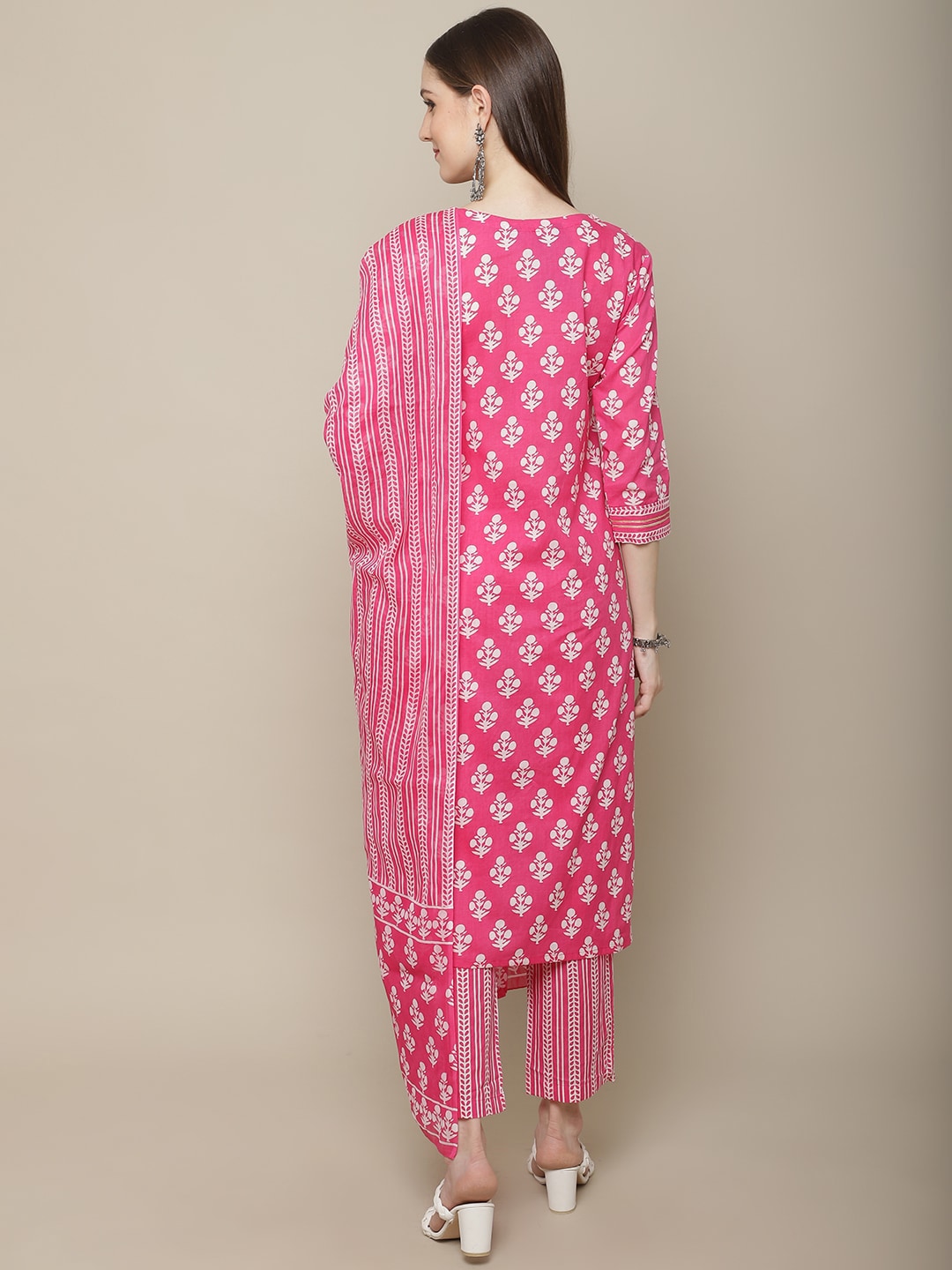 Sangria Women Floral Printed Mirror Work Pure Cotton Kurti with Trousers & Dupatta