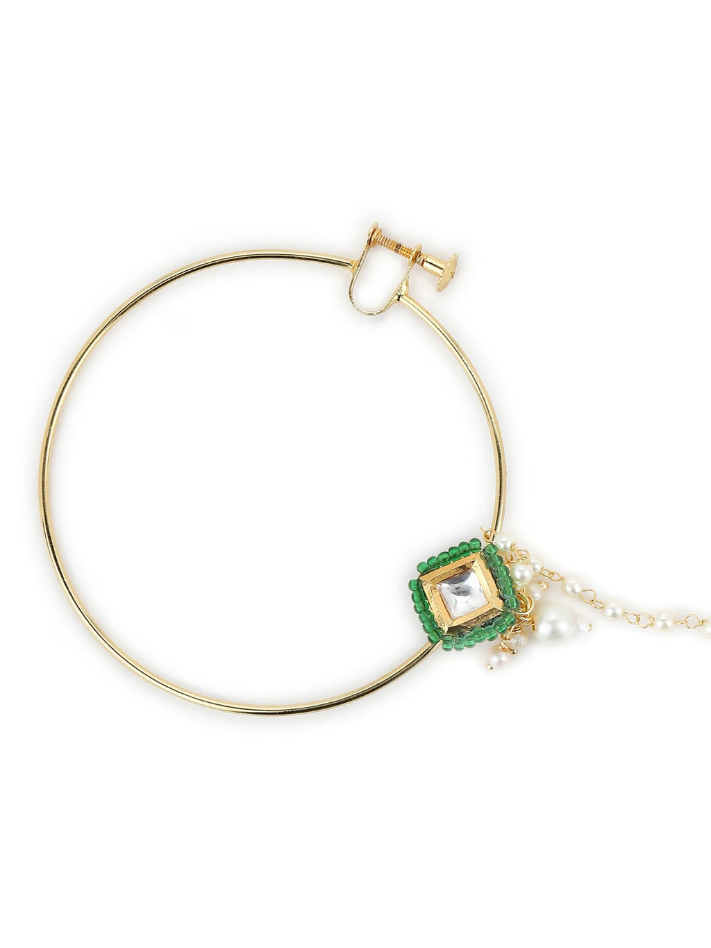 Gold-Plated Green White Kundan Studded Beaded Chained Nosepin - Ruby Raang - Distacart