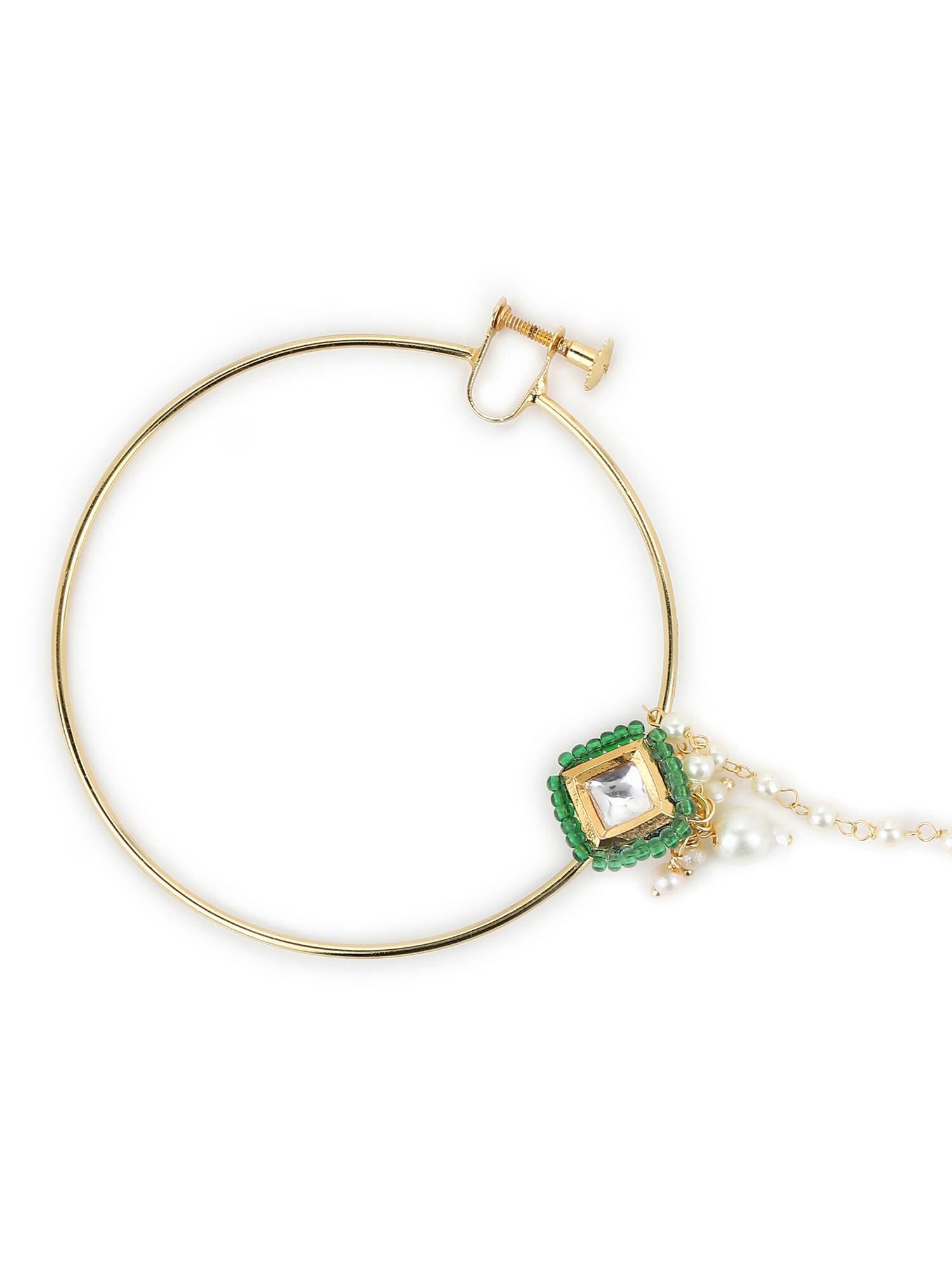 Gold-Plated Green White Kundan Studded Beaded Chained Nosepin - Ruby Raang - Distacart