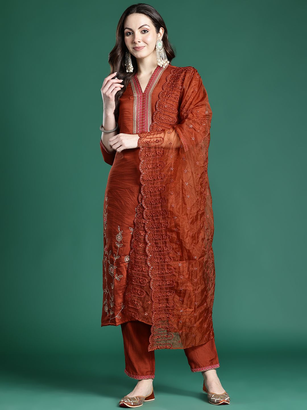 Indo Era Women Ethnic Motifs Embroidered Regular Sequinned Kurta with Trousers & With Dupatta - Distacart