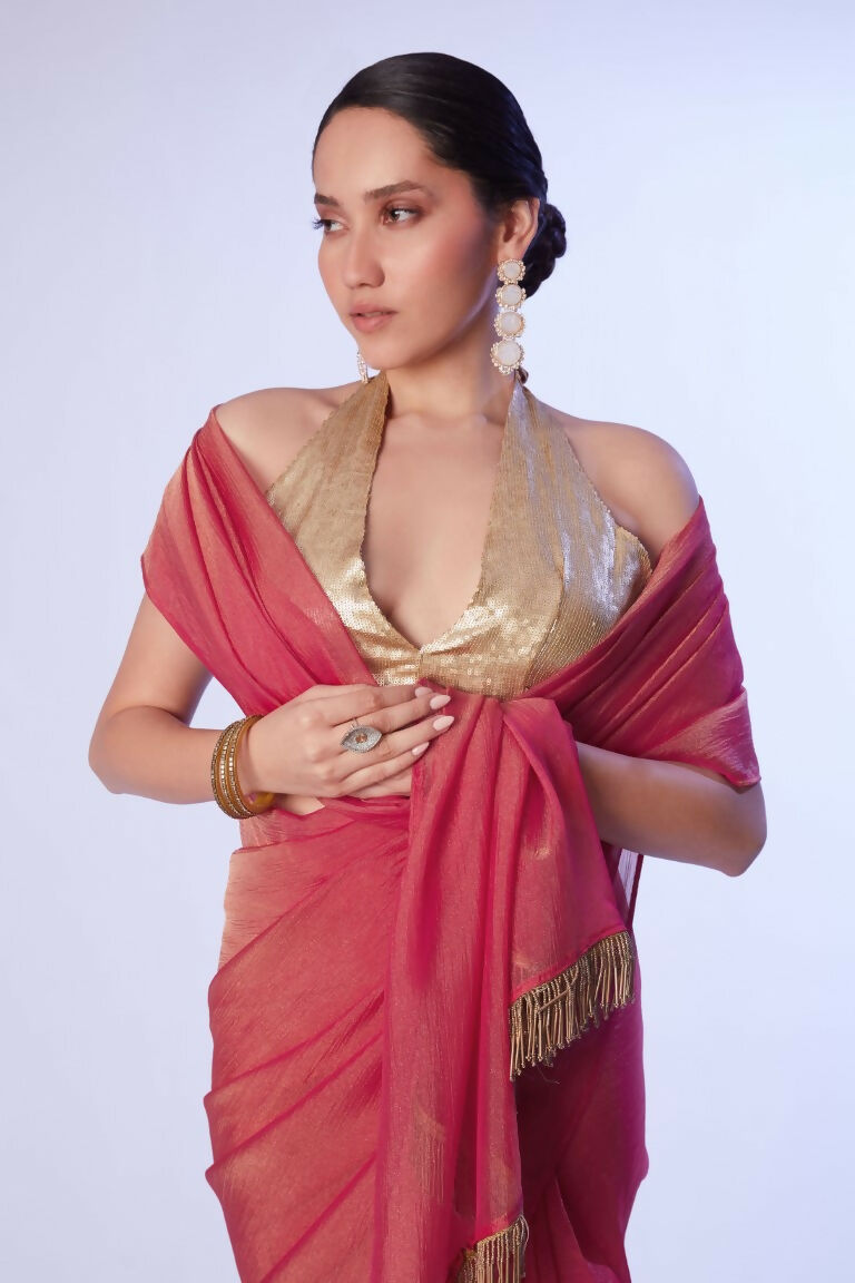 Rust Satin Gold Organza Solid Designer & Lace Work Saree - Samaa