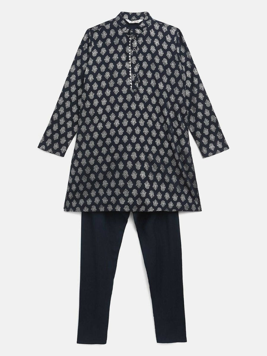 Ahalyaa Navy Blue Poly Rayon Silver Foil Print Kids Kurta Churidar Set For Boys
