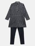 Ahalyaa Navy Blue Poly Rayon Silver Foil Print Kids Kurta Churidar Set For Boys