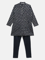 Ahalyaa Navy Blue Poly Rayon Silver Foil Print Kids Kurta Churidar Set For Boys