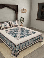 JAIPUR FABRIC Beige & Green Ethnic Motifs Cotton 210 TC Queen Bedsheet & 2 Pillow Covers