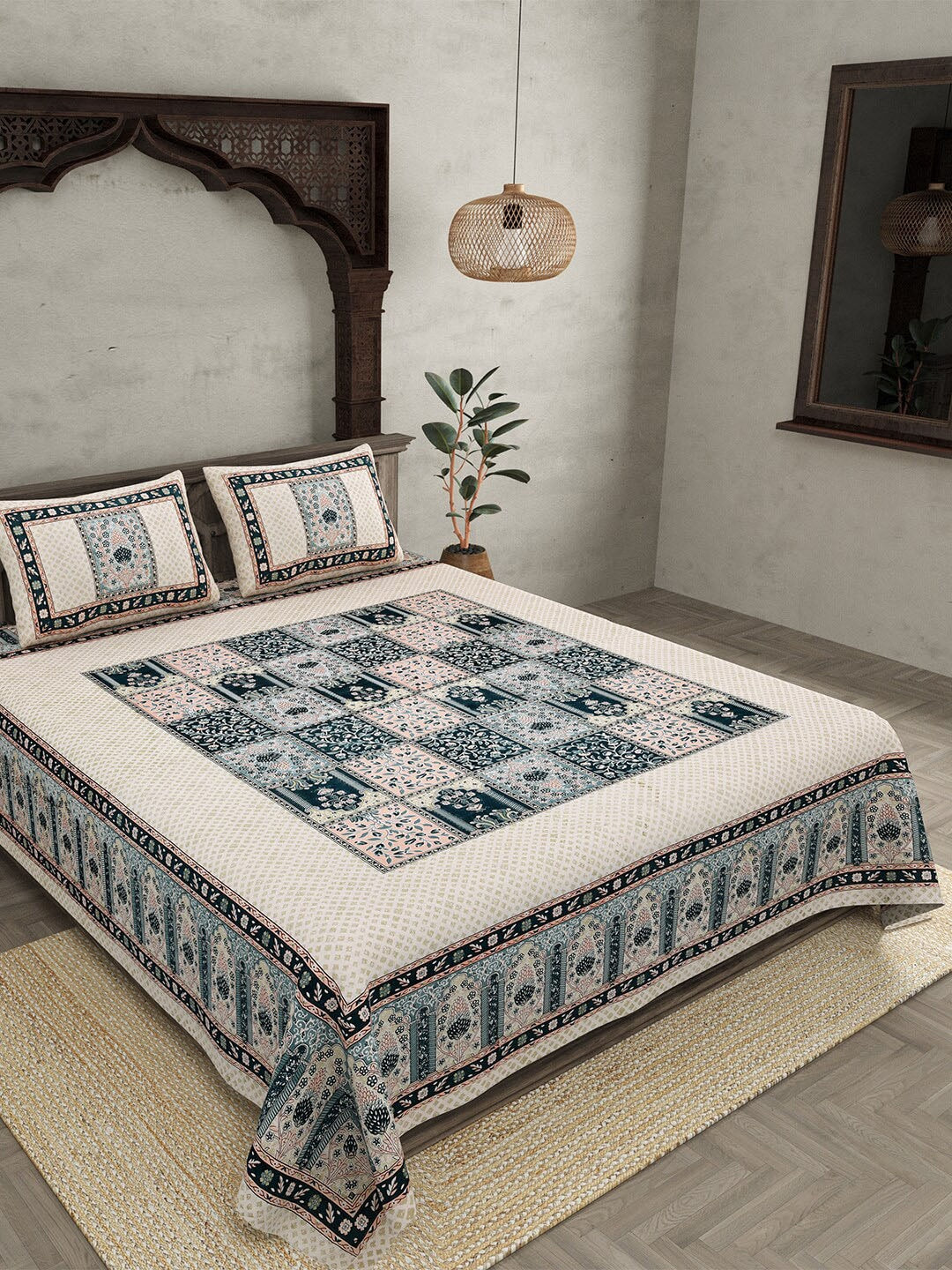 JAIPUR FABRIC Beige & Green Ethnic Motifs Cotton 210 TC Queen Bedsheet & 2 Pillow Covers