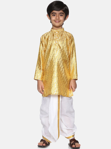 Sethukrishna Boys Gold-Toned Pleated Kurta with Dhoti Pants
