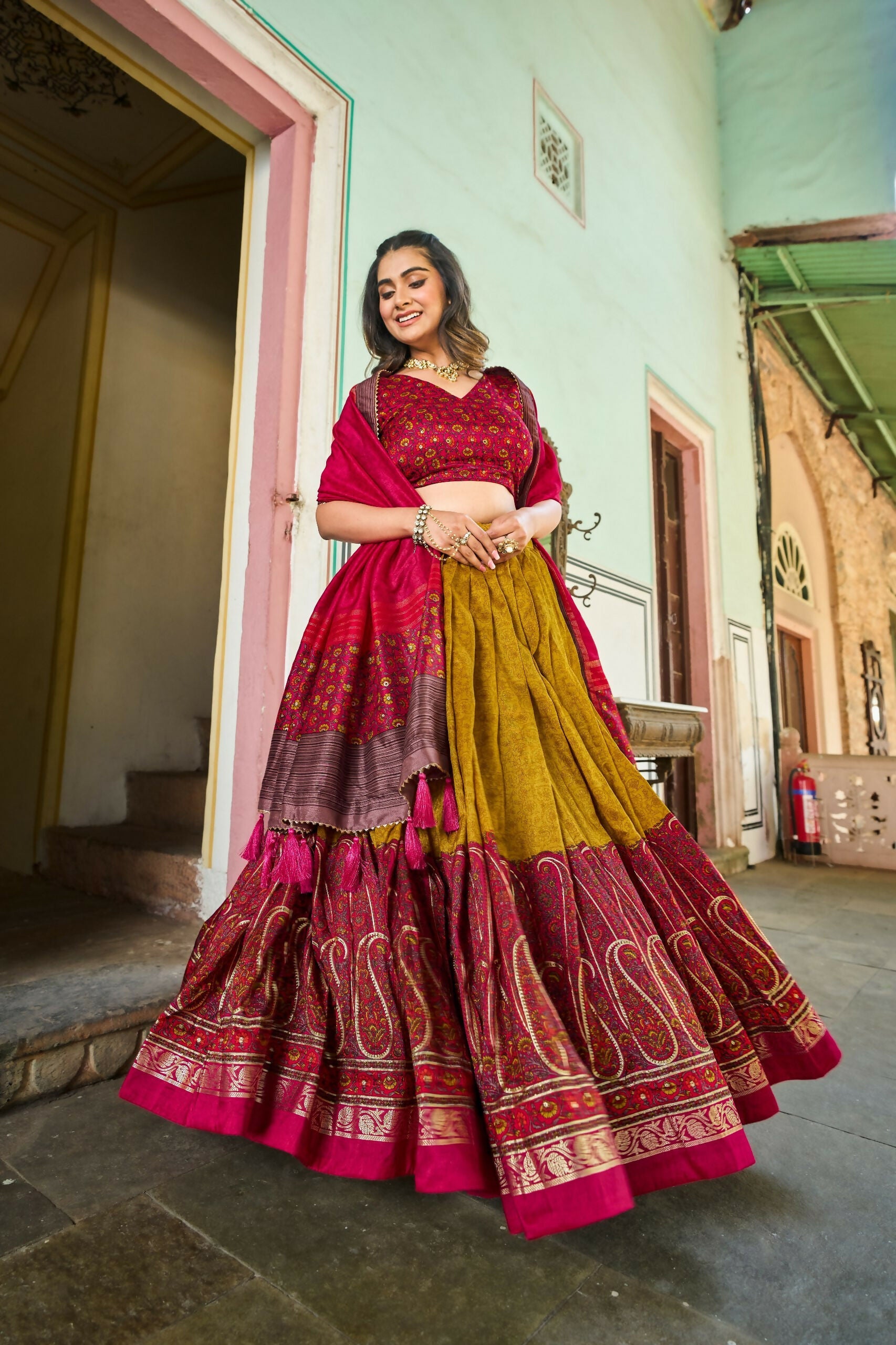 Vastranavya Kashmiri Print With Foil Print Lehenga With Unstitched Printed Blouse - Mustard