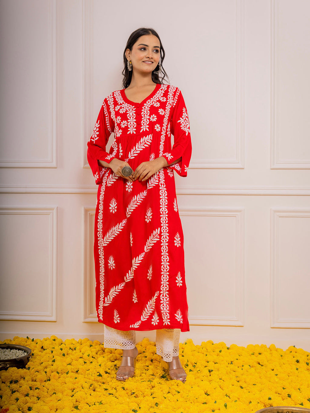 HOUSE OF KARI Cotton Floral Embroidered Chikankari Kurta