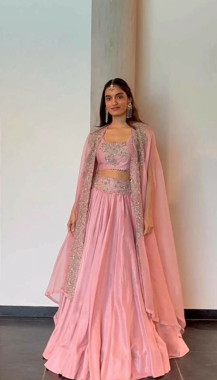 Jyoti Fashion Women's Pink Chinon Sequins with Thread Embroidered Designer Lehenga Choli with Shrug Set