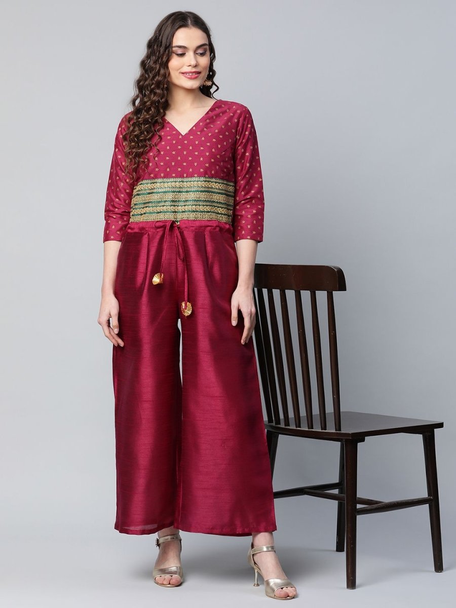 Ahalyaa Womens Burgundy crepe Printed Jumpsuit