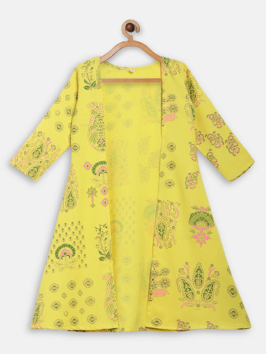 Ahalyaa Yellow Viscose Rayon Printed Kids Top & Palazzo Sets With Jacket For Girls