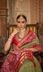 Olive Green Banarasi Weaving, Ultra Aqua Finish, Zari Work Banarasi Silk Saree - Rath Kunti
