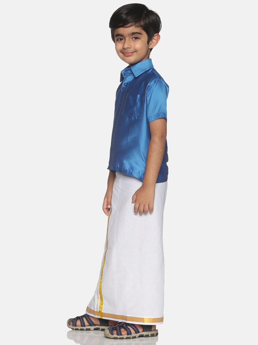 Sethukrishna Blue & White Solid Shirt and Veshti Set For Boys