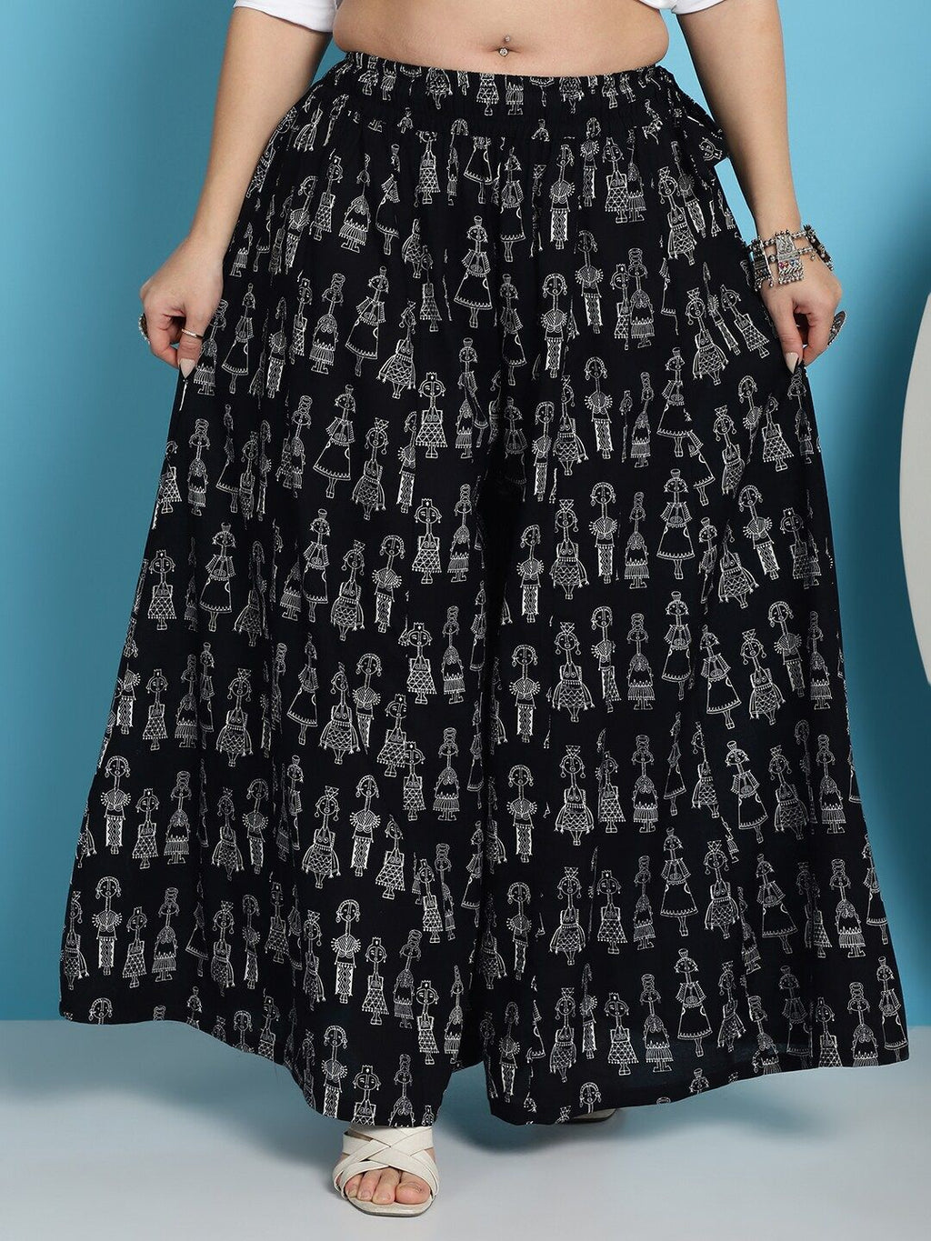 TAG 7 Ethnic Motifs Printed Pure Cotton Flared Ethnic Palazzo