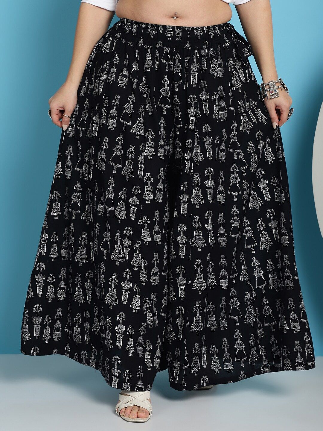 TAG 7 Ethnic Motifs Printed Pure Cotton Flared Ethnic Palazzo
