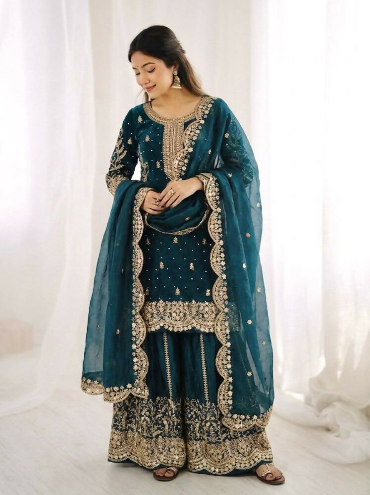 Teeya Creation Teal Color Fendy Silk Embroidery Work Wedding Wear Salwar Suit - Distacart
