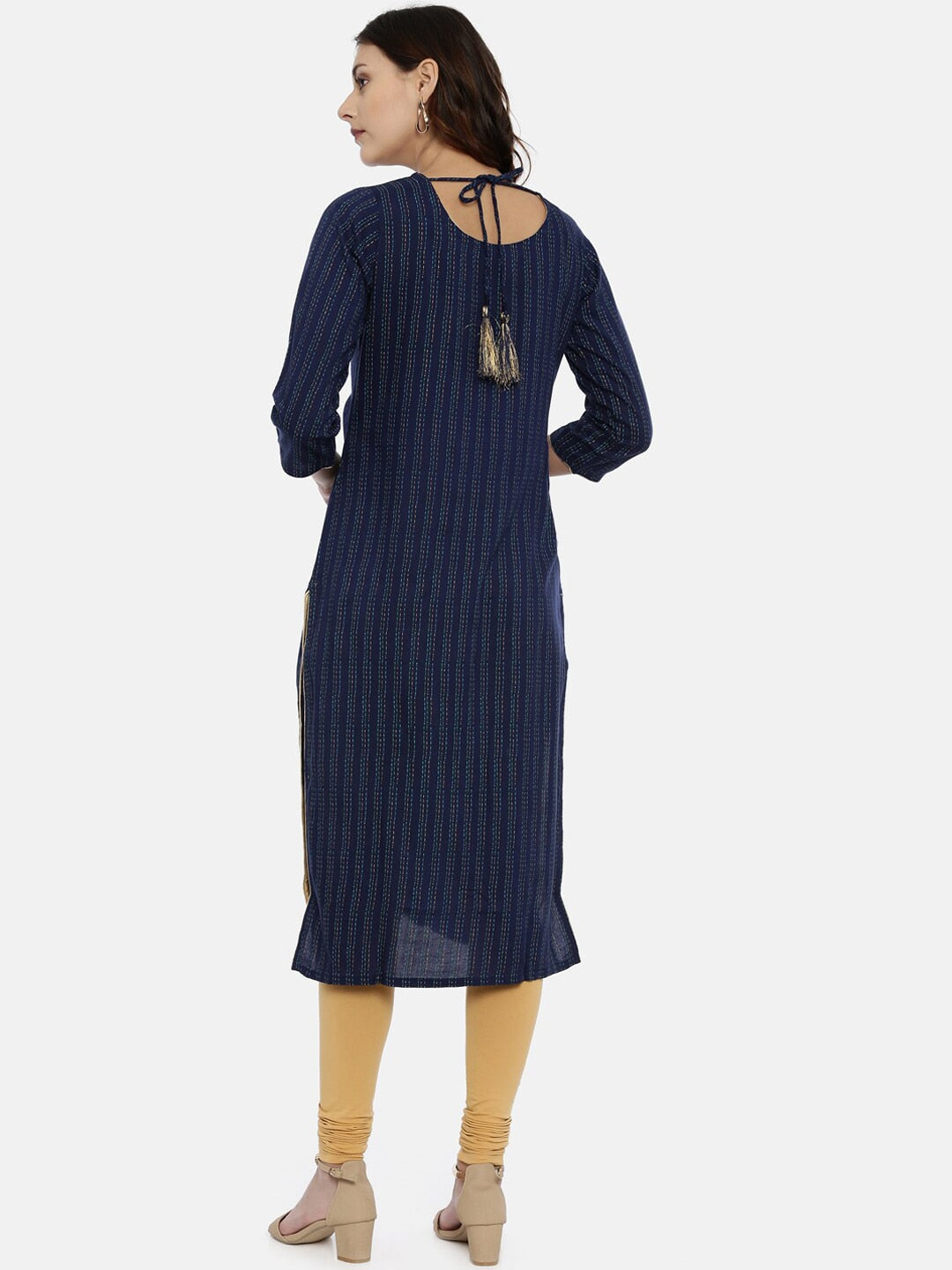 Souchii Navy Blue & Gold-Toned Striped A-Line Kurta - Distacart
