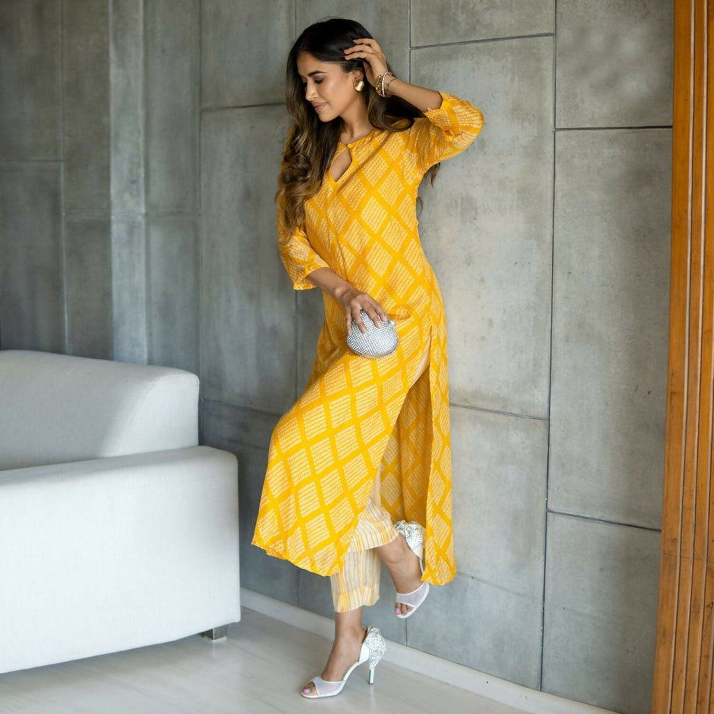 Aayaa Pure Muslin printed Kurti & Pant - Mustard